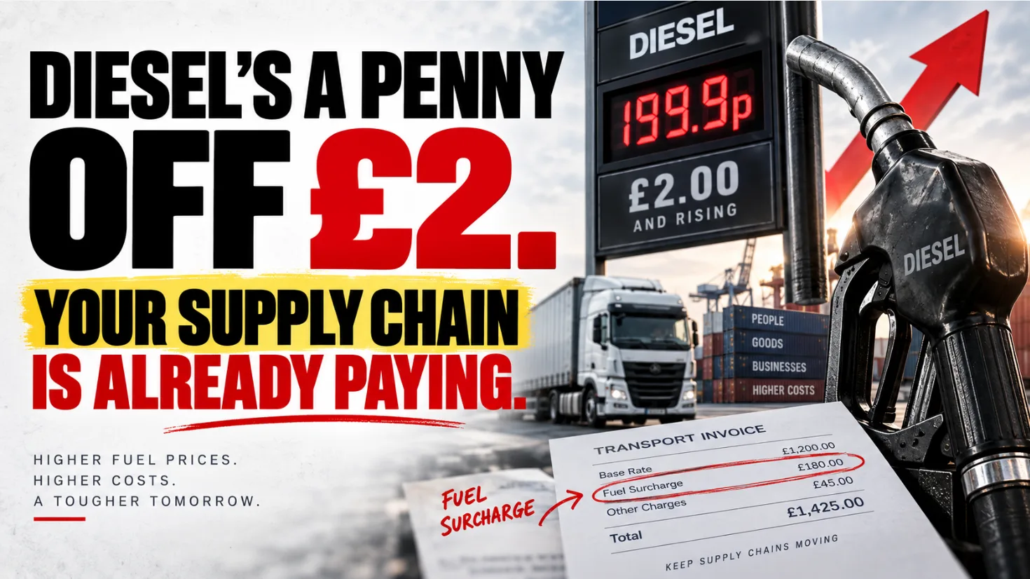 A diesel pump reading 199.9p with a rising price arrow, a freight truck and shipping containers behind it, and a transport invoice with the fuel surcharge line circled in red