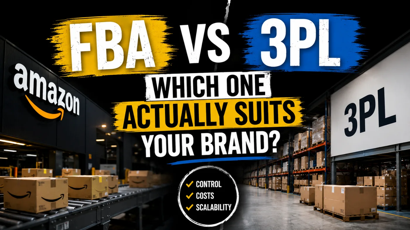 Split warehouse graphic contrasting Amazon FBA fulfilment on one side and a 3PL warehouse on the other, headlined 'FBA vs 3PL: which one actually suits your brand?'.