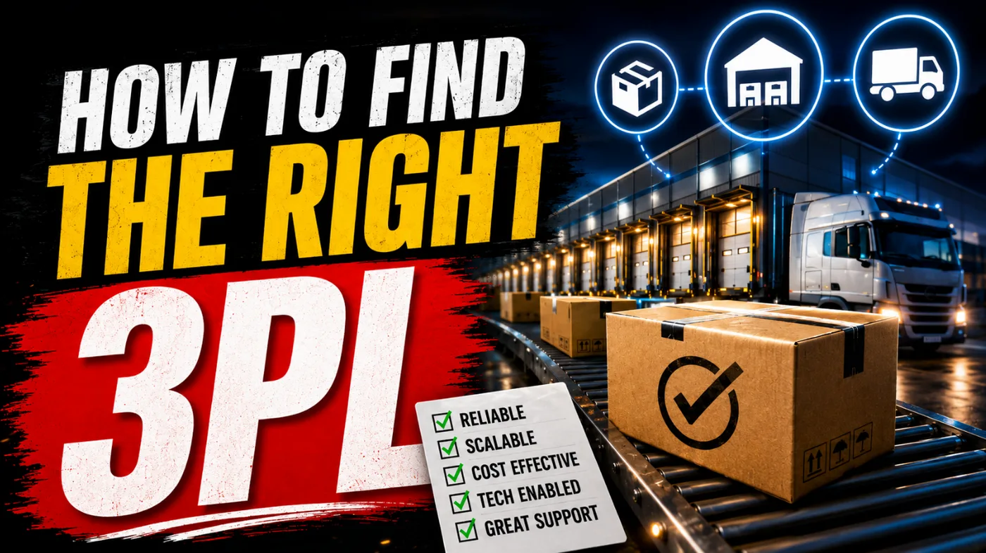 "How to find the right 3PL" text over a warehouse loading dock at night, with icons for packaging, storage and delivery, and a checked parcel on a conveyor.