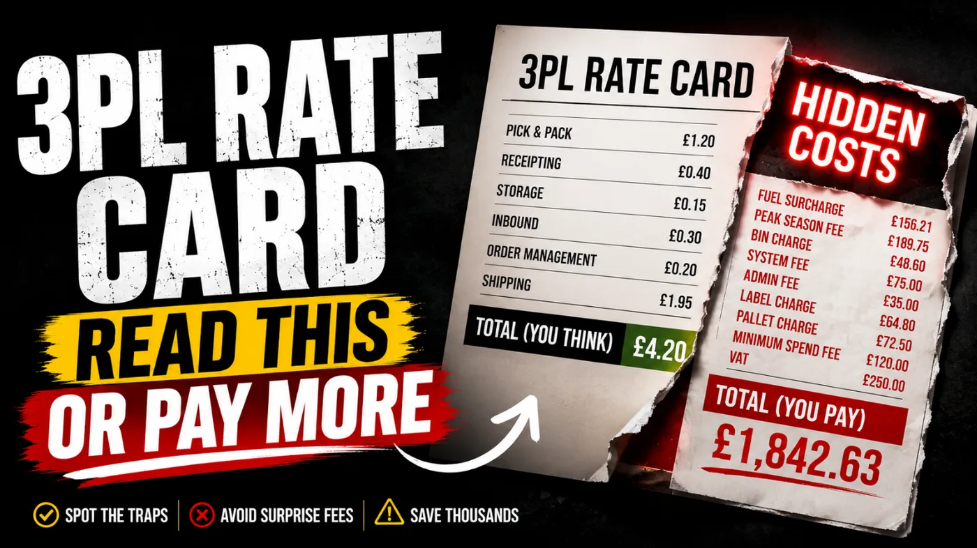 A simple 3PL rate card totalling £4.20 next to a torn-open bill of hidden costs totalling £1,842.63, headlined 'Read this or pay more'.