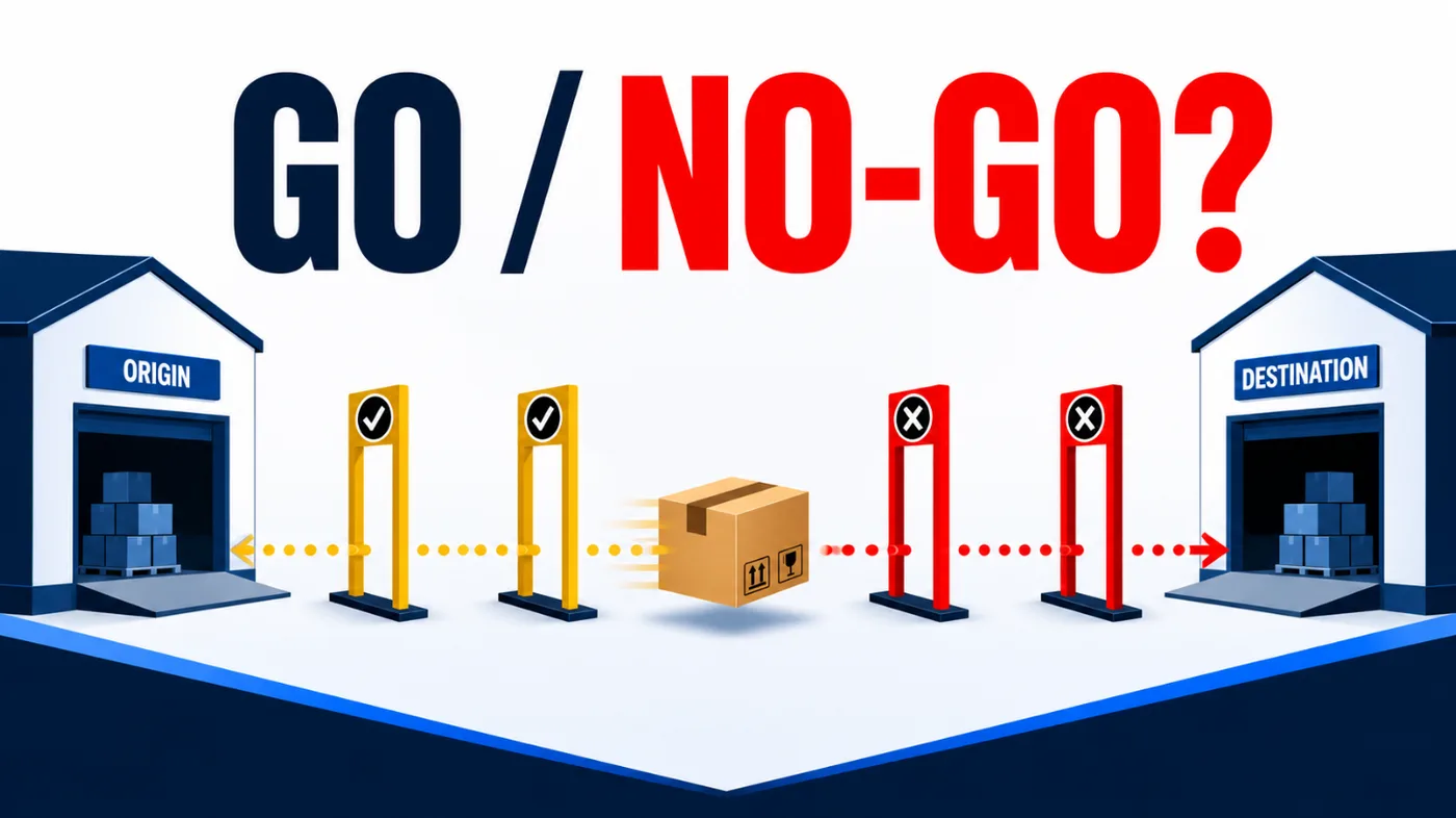 A parcel moving from an Origin warehouse to a Destination warehouse through a row of go/no-go checkpoint gates, illustrating the staged gates in a 3PL switch.
