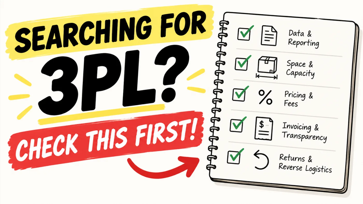 "Searching for 3PL? Check this first!" text next to a checklist covering data & reporting, space & capacity, pricing & fees, invoicing & transparency, and returns & reverse logistics.