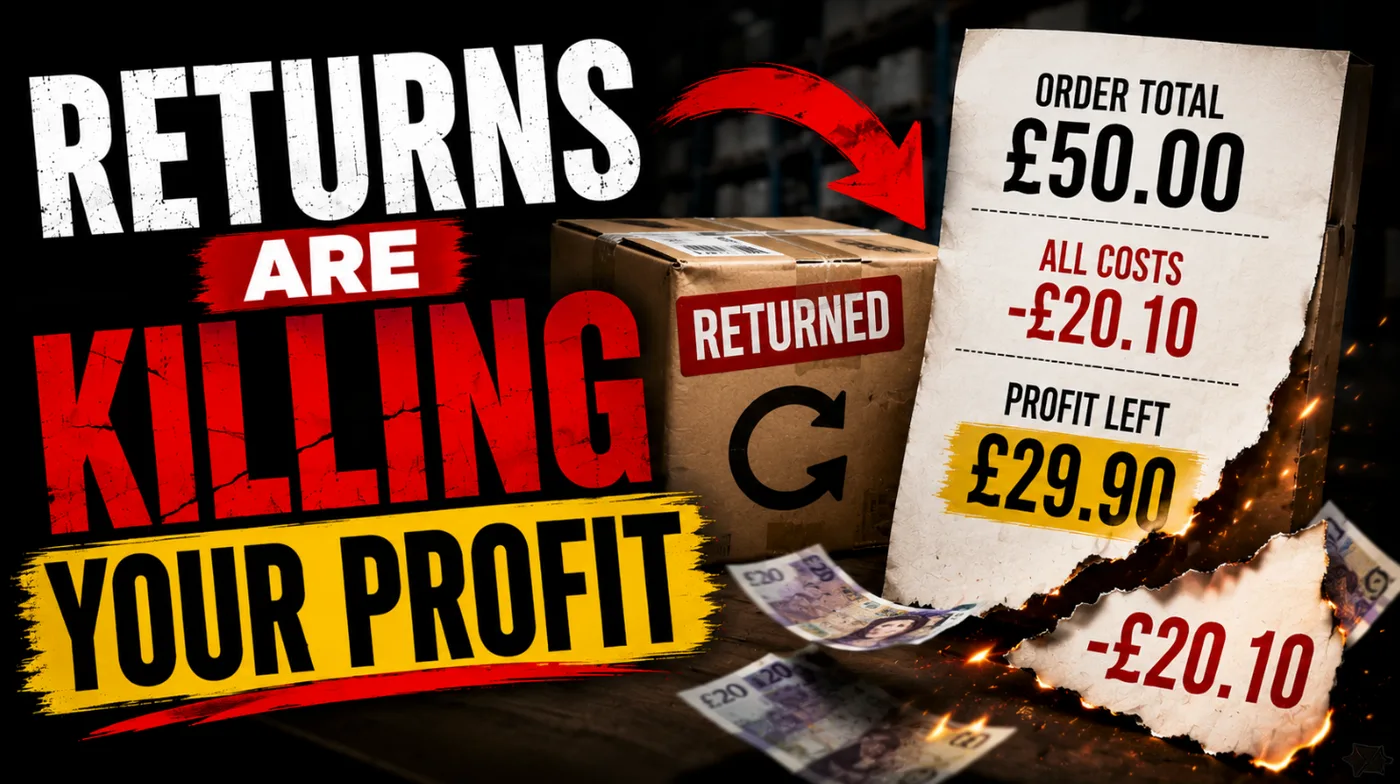 A returned parcel next to a receipt showing a £50 order, £20.10 in costs, and £29.90 profit left, headlined 'Returns are killing your profit'.