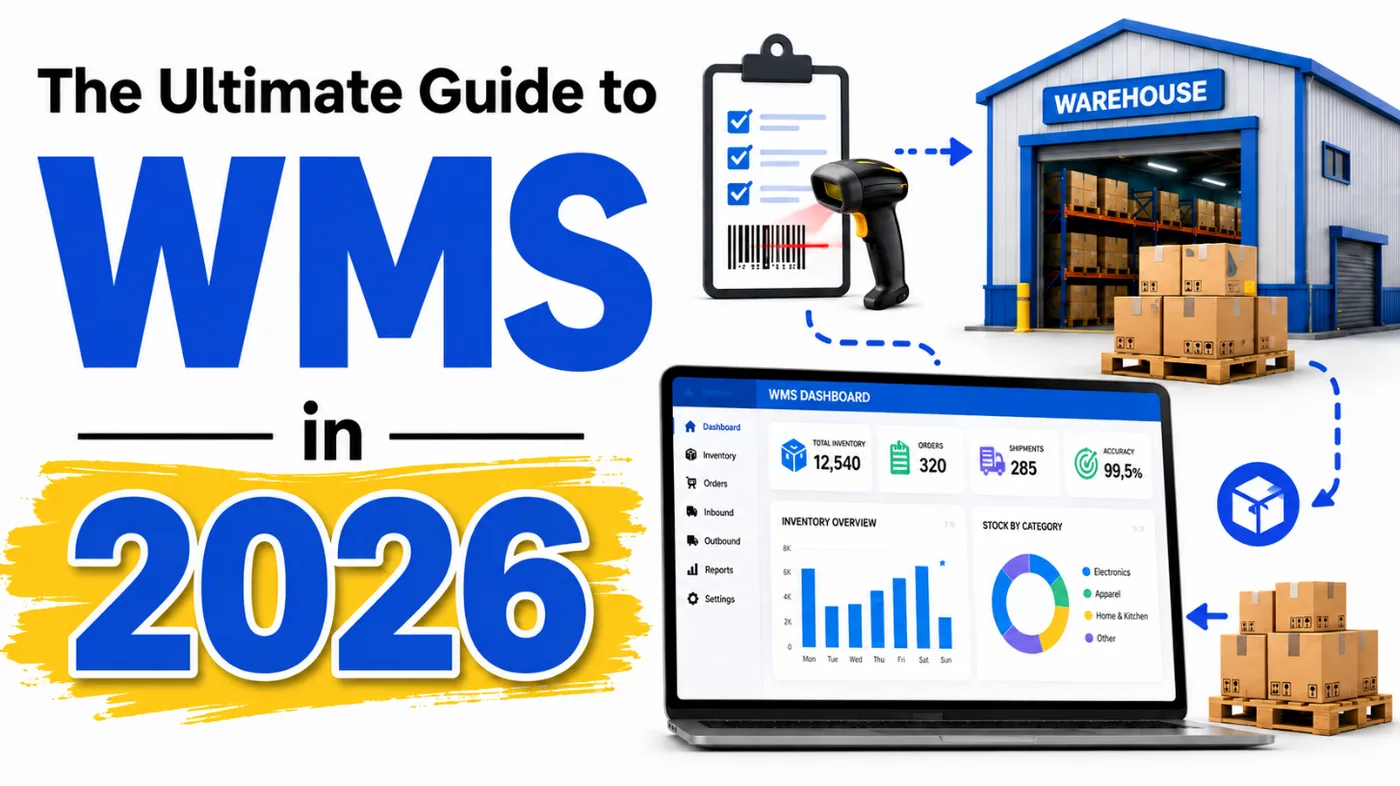 "The Ultimate Guide to WMS in 2026" graphic showing a barcode scanner, a warehouse, and a laptop displaying a WMS dashboard with inventory, orders, shipments and accuracy stats.