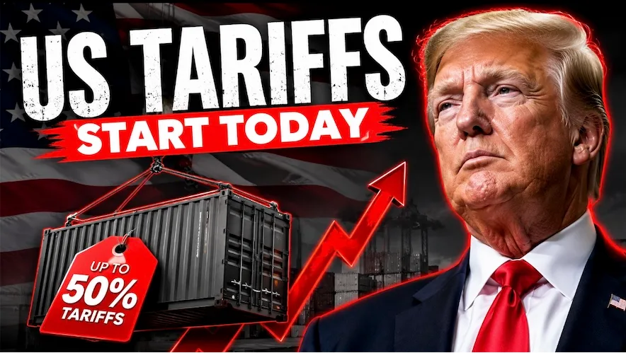 US tariffs graphic: shipping containers, a rising red arrow and a 50% tariff tag