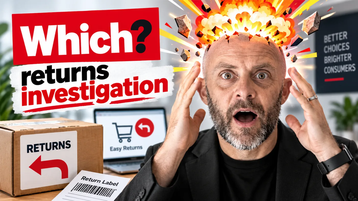 A 'Which? returns investigation' graphic showing a shocked man with an exploding-head effect, next to a parcel labelled 'Returns', a laptop showing 'Easy Returns', and a printed return label.
